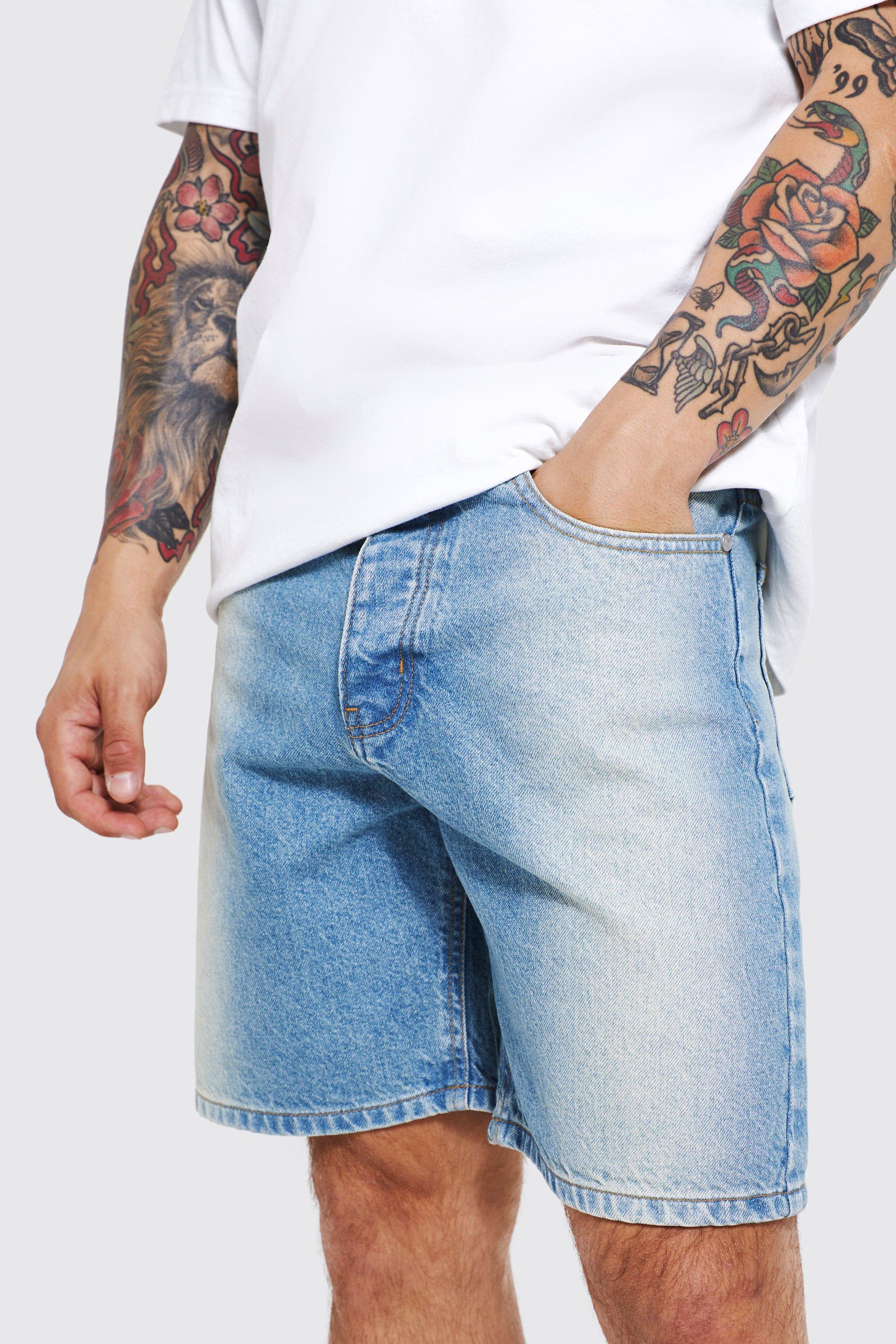 Relaxed Rigid Washed Panel Denim Shorts boohoo NZ